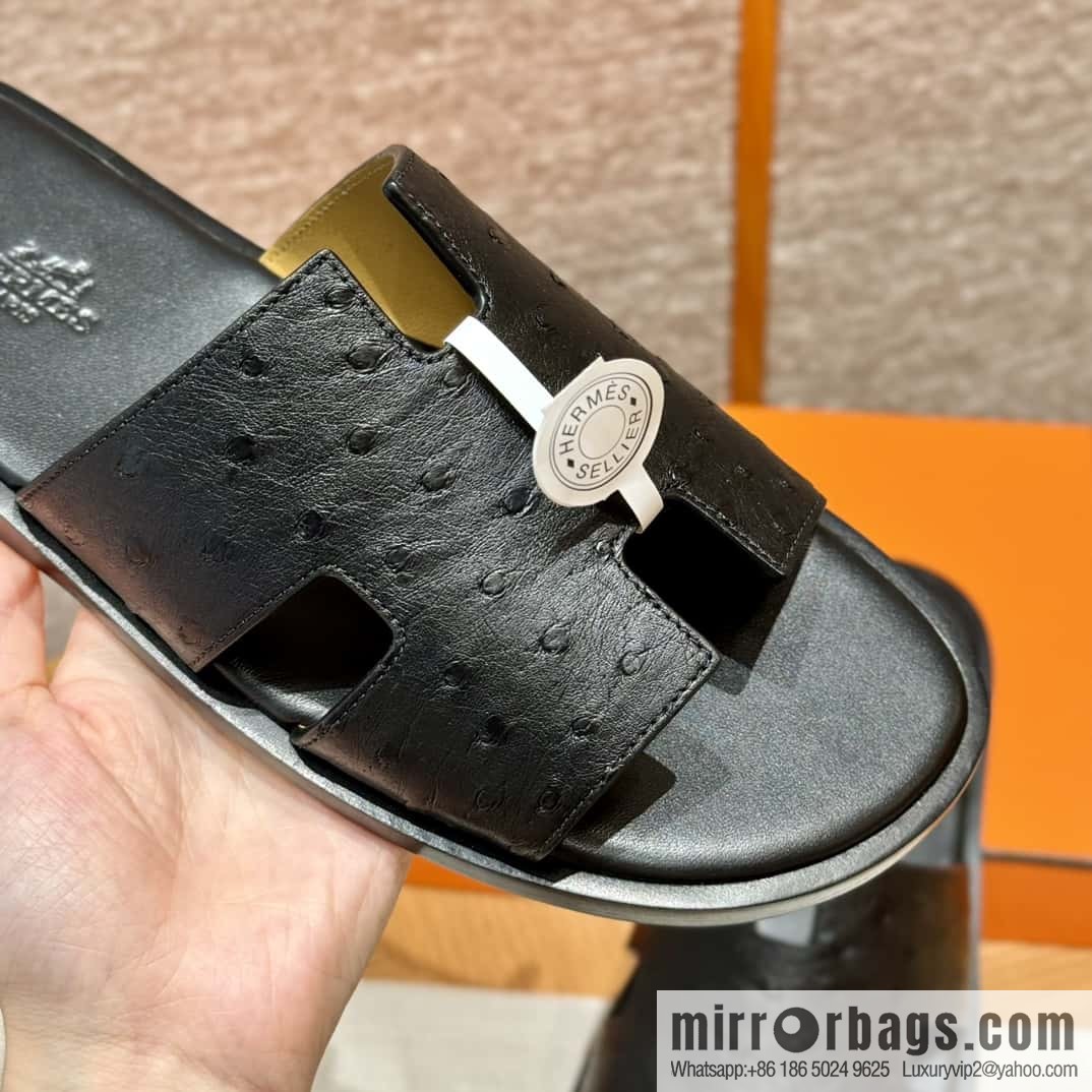 HERMES 182 -Lzmir Men's slippers, black/89/Black/with black foot pads, ostrich π¦/Ostrich