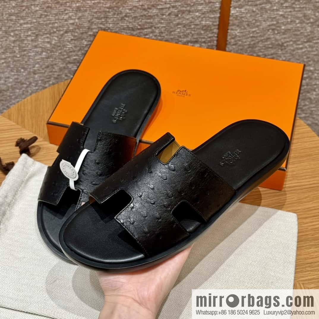 HERMES 182 -Lzmir Men's slippers, black/89/Black/with black foot pads, ostrich π¦/Ostrich