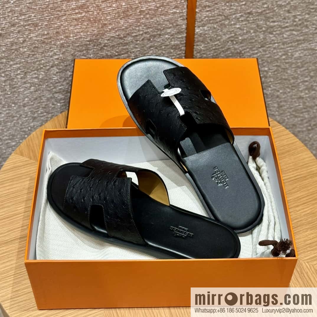 HERMES 182 -Lzmir Men's slippers, black/89/Black/with black foot pads, ostrich π¦/Ostrich