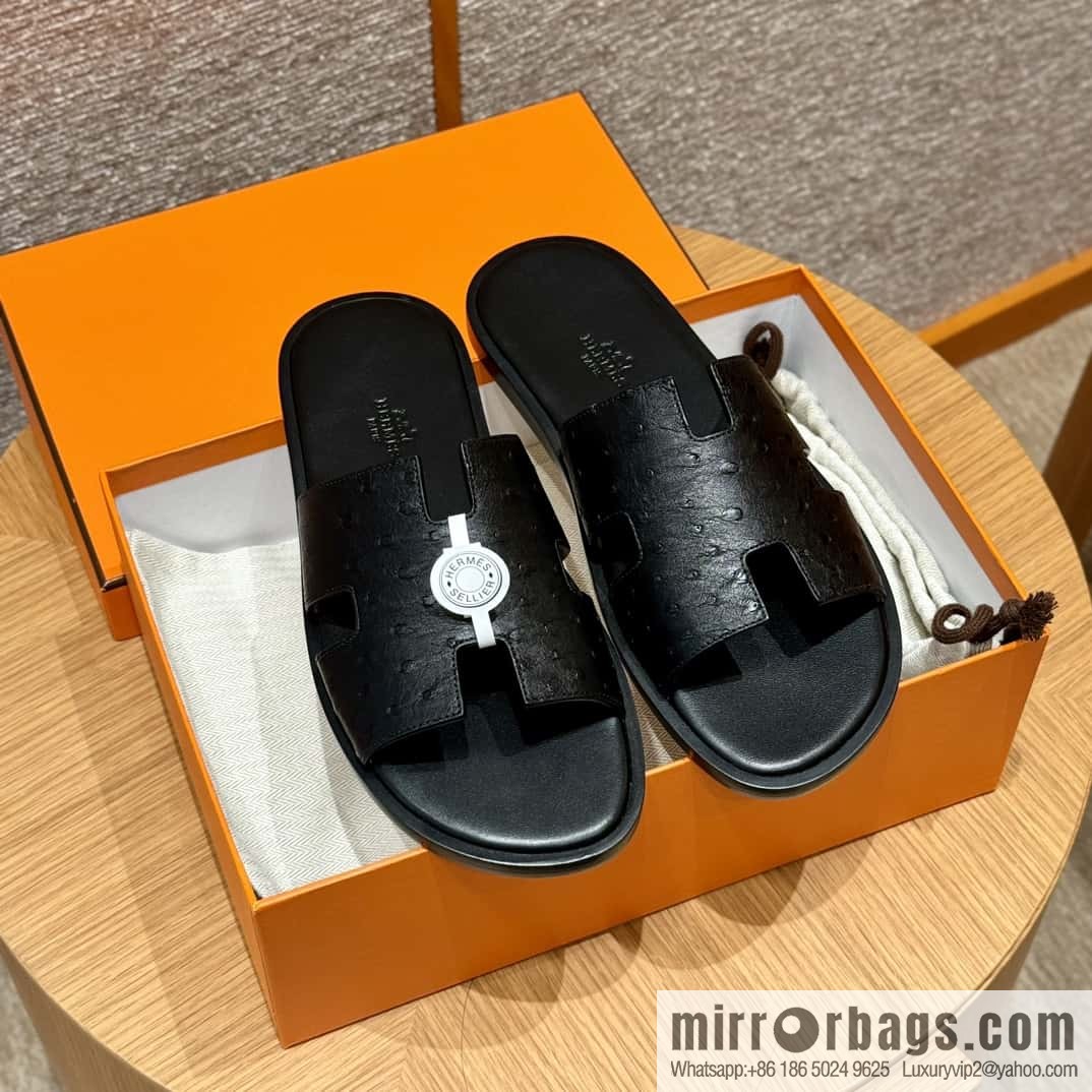 HERMES 182 -Lzmir Men's slippers, black/89/Black/with black foot pads, ostrich π¦/Ostrich