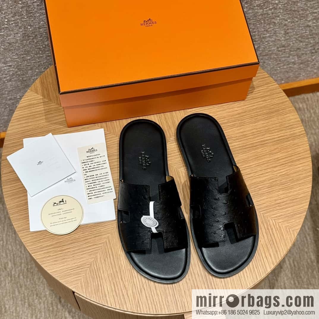 HERMES 182 -Lzmir Men's slippers, black/89/Black/with black foot pads, ostrich π¦/Ostrich