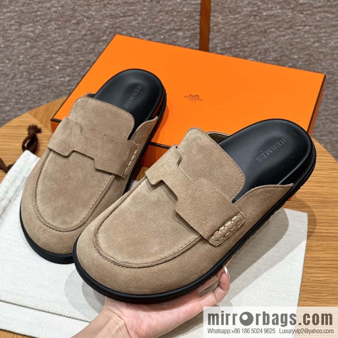 HERMES 190 Go Mueller shoes, sandy beige/Beige Sable suede calf leather/Suede calf leather