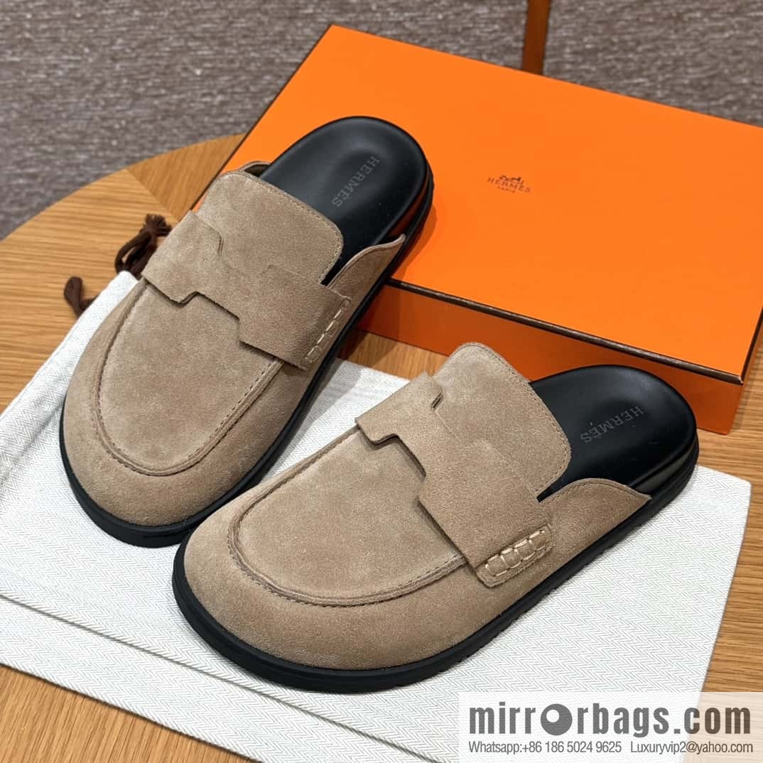 HERMES 190 Go Mueller shoes, sandy beige/Beige Sable suede calf leather/Suede calf leather