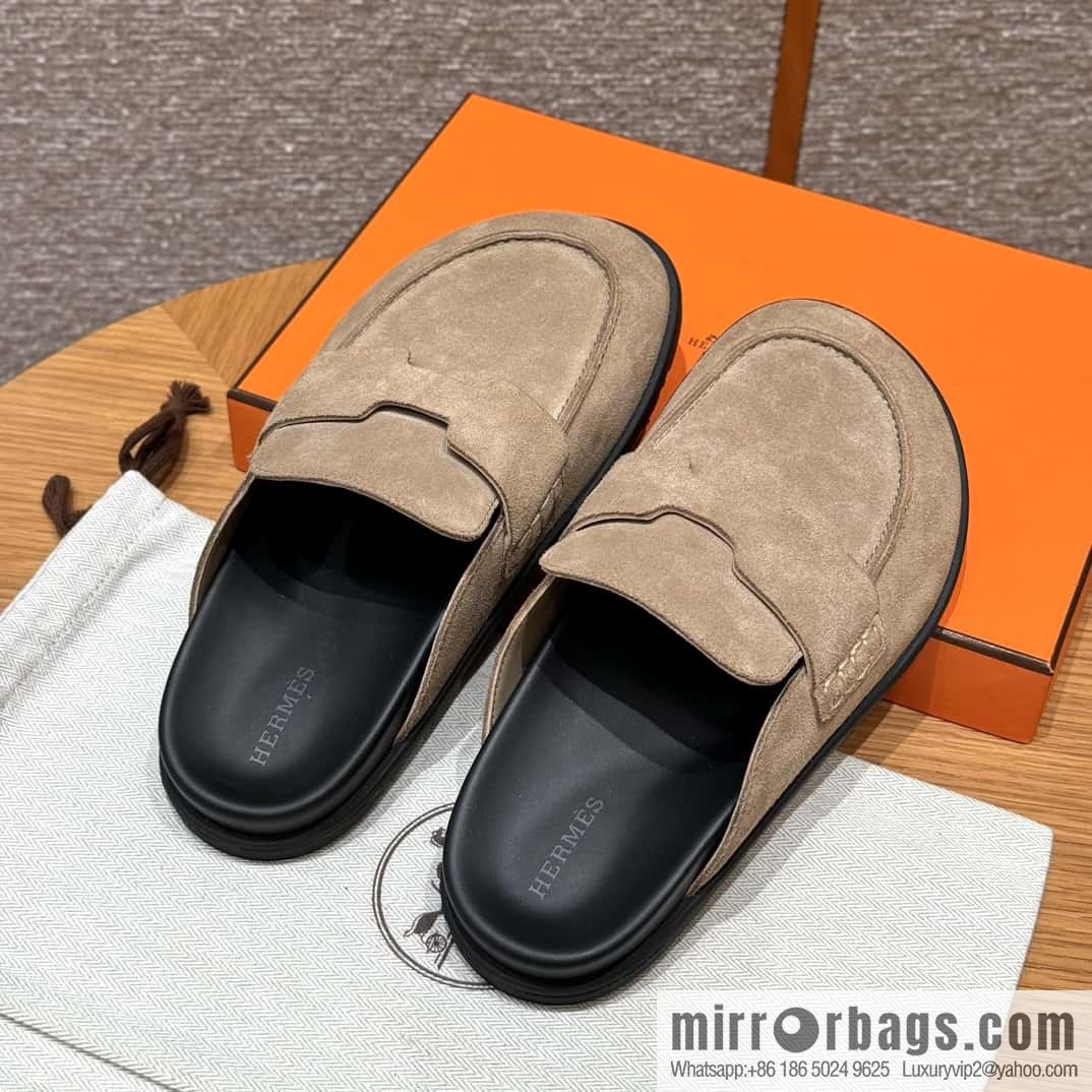 HERMES 190 Go Mueller shoes, sandy beige/Beige Sable suede calf leather/Suede calf leather