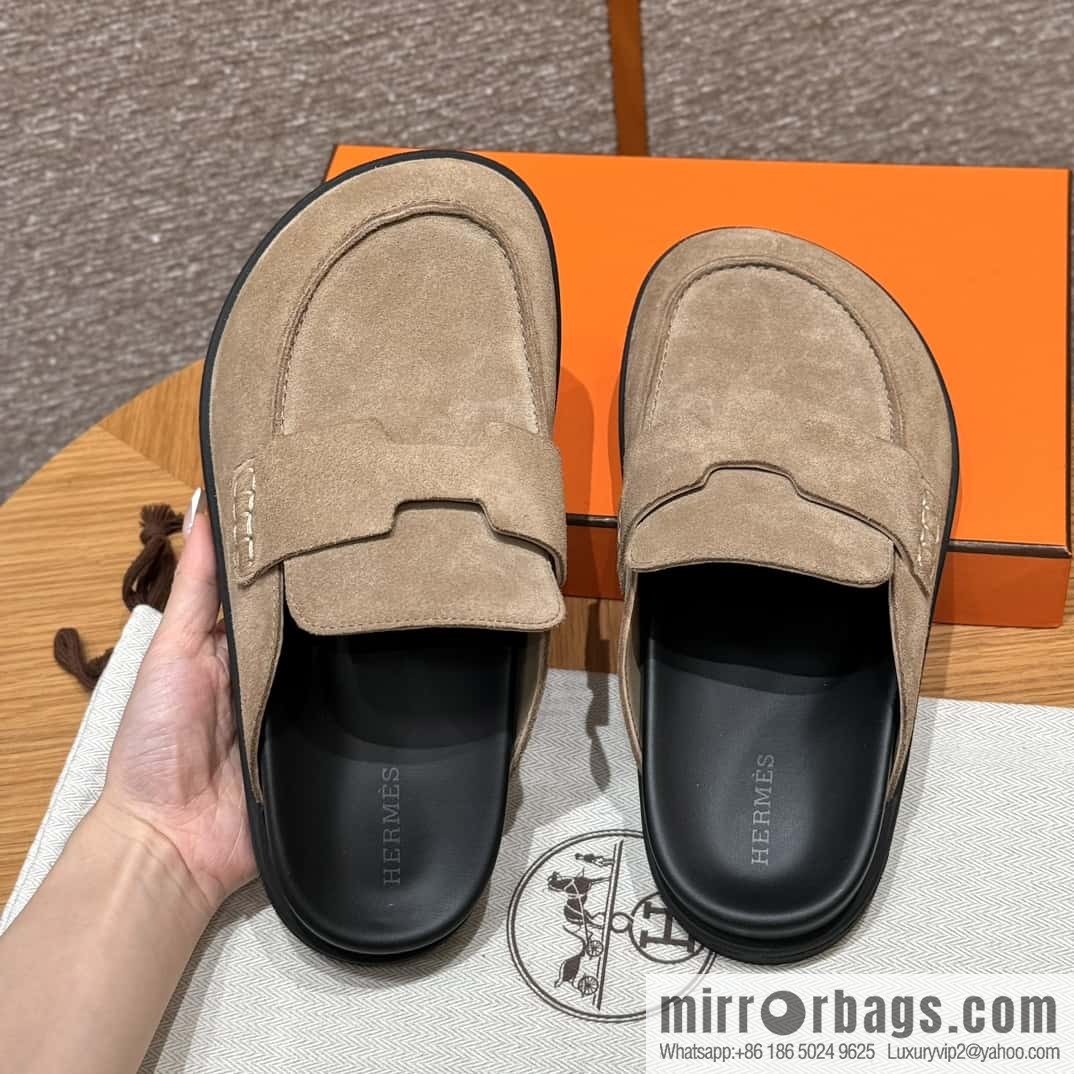 HERMES 190 Go Mueller shoes, sandy beige/Beige Sable suede calf leather/Suede calf leather