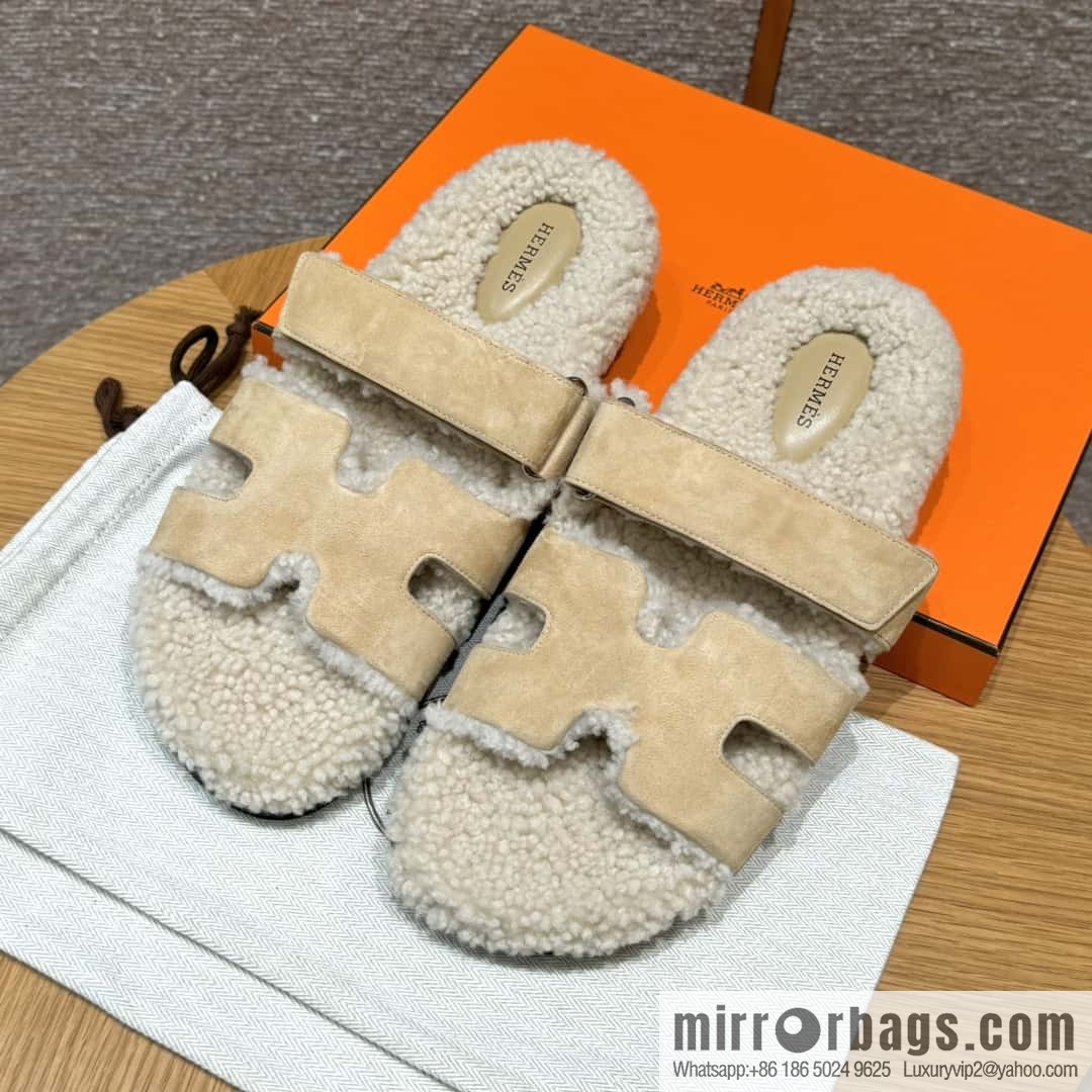 HERMES 180 Chypre men's lamb wool, marble beige/Cream-coloured suede/Chamois/woolskin