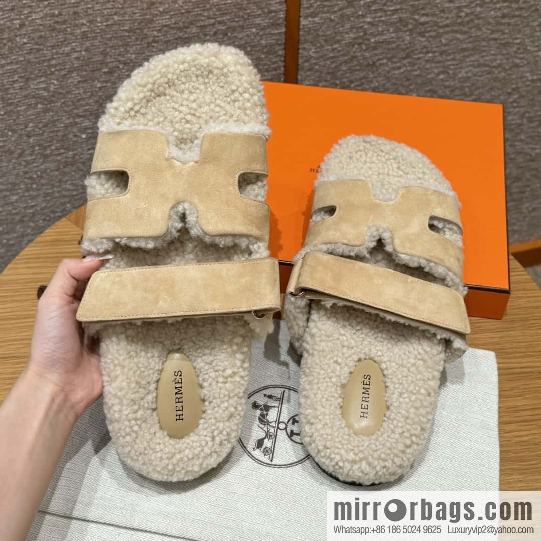 HERMES 180 Chypre men's lamb wool, marble beige/Cream-coloured suede/Chamois/woolskin