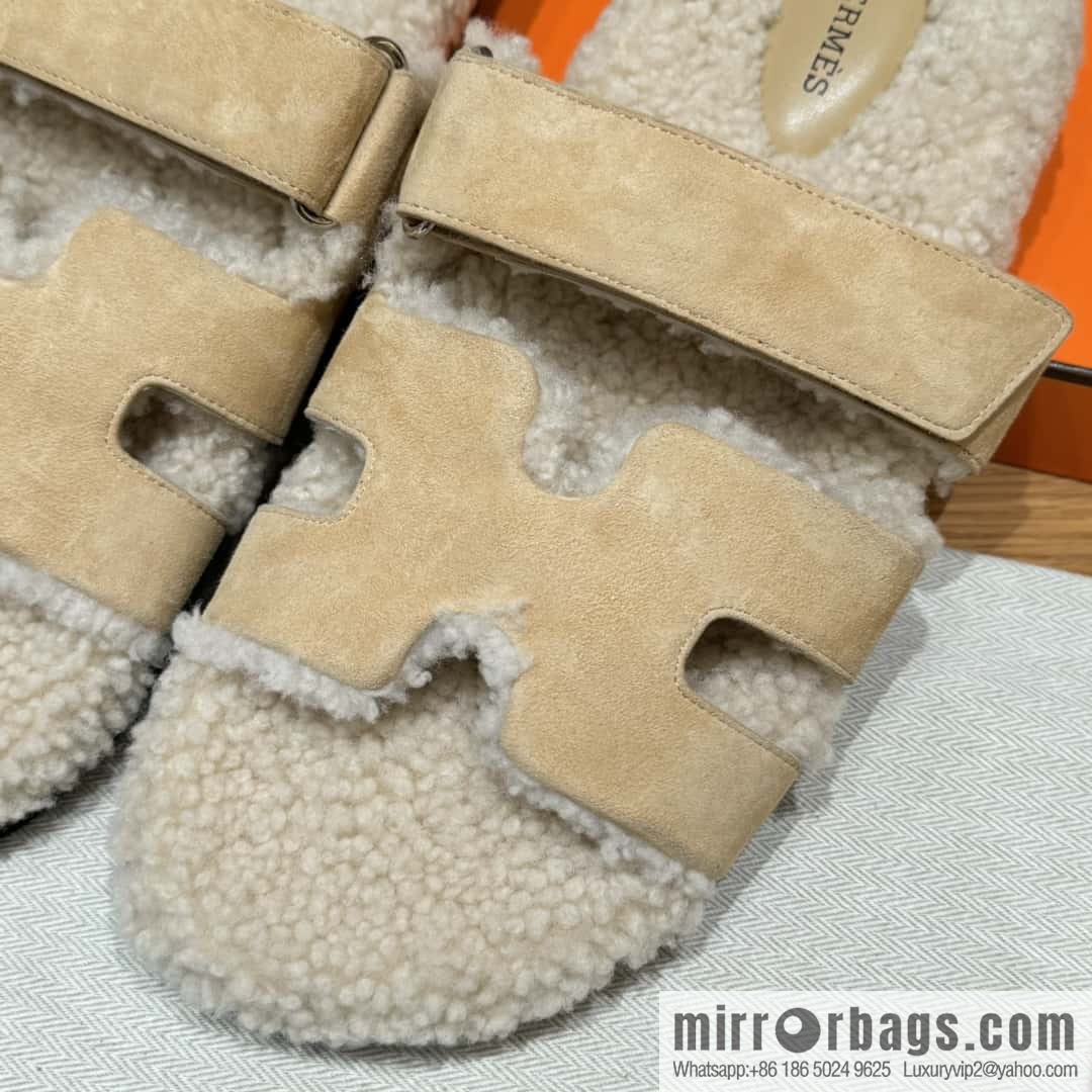 HERMES 180 Chypre men's lamb wool, marble beige/Cream-coloured suede/Chamois/woolskin