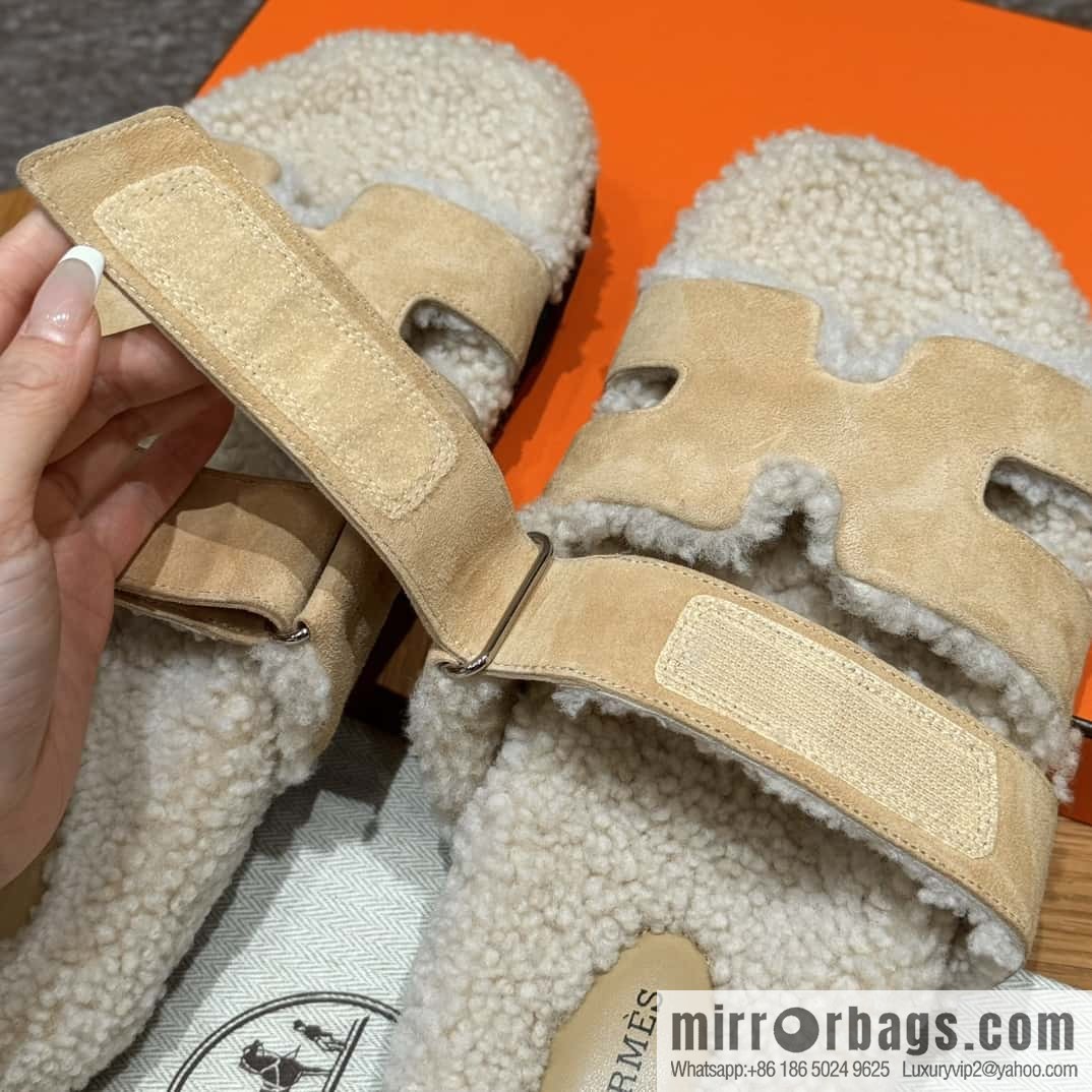 HERMES 180 Chypre men's lamb wool, marble beige/Cream-coloured suede/Chamois/woolskin