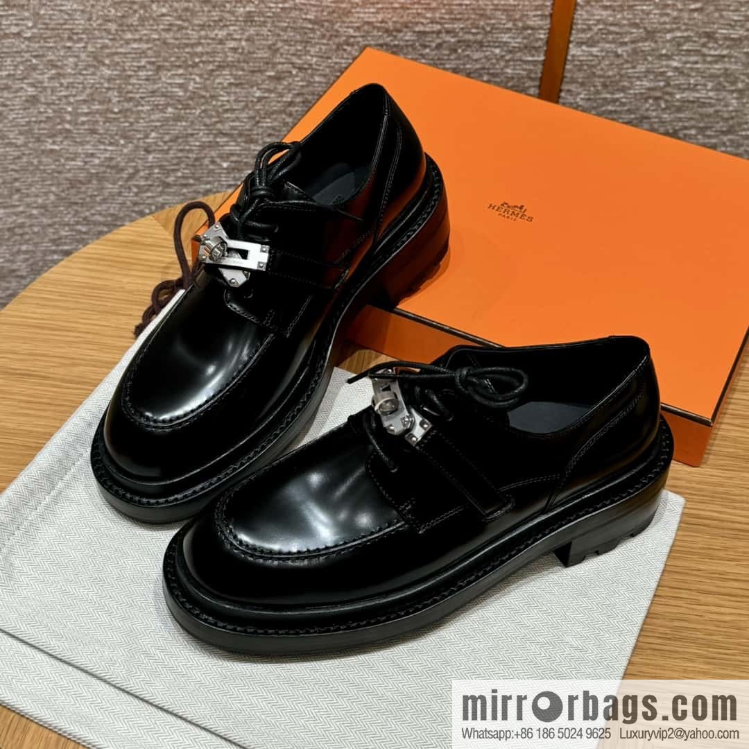 HERMES 252 First Platform Oxford Shoes, Black/89/Noir Calfskin/Calfskin
