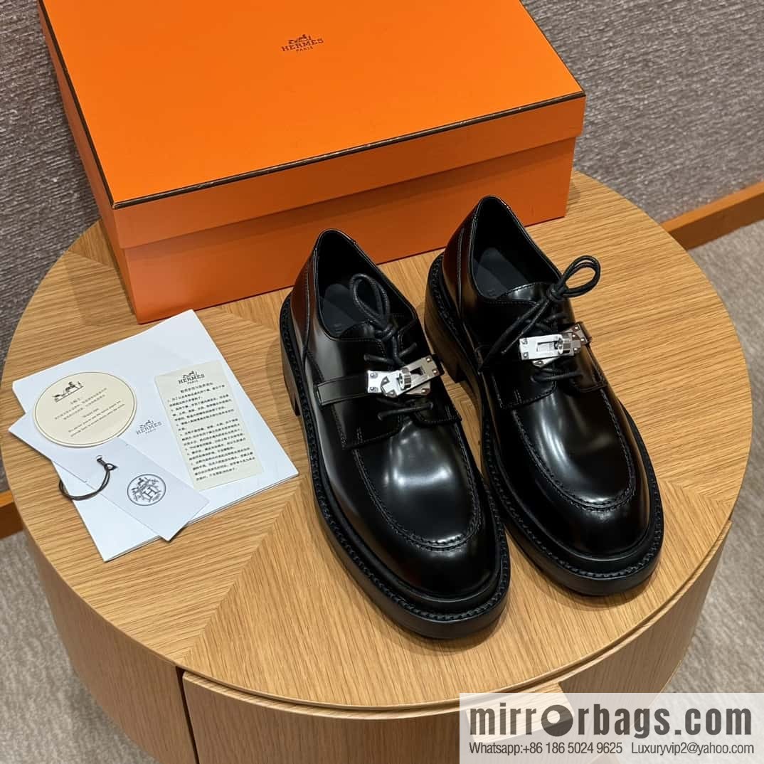 HERMES 252 First Platform Oxford Shoes, Black/89/Noir Calfskin/Calfskin