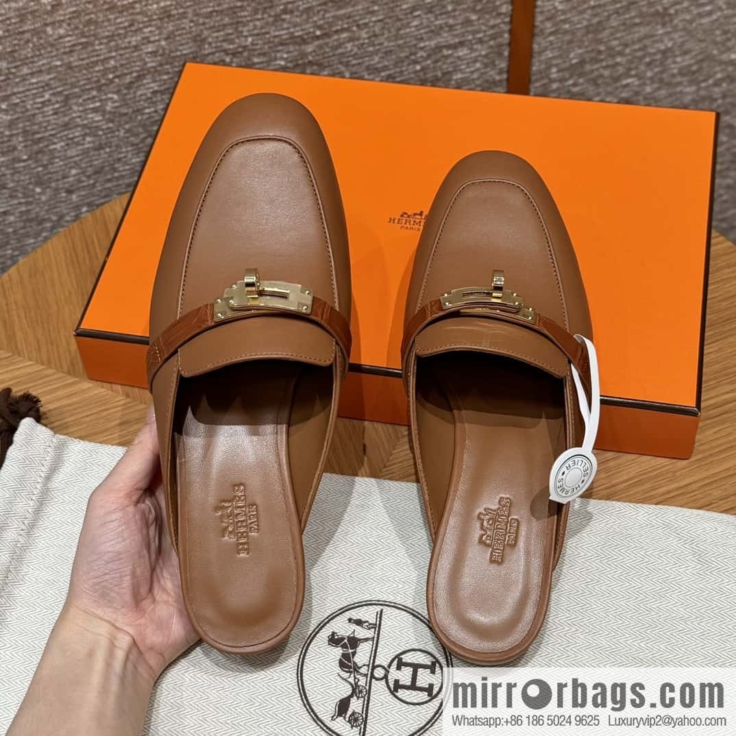 HERMES 188 OZ mules half trailers, golden brown/37/Gold goatskin with crocodile strap/goatskin/crocodile