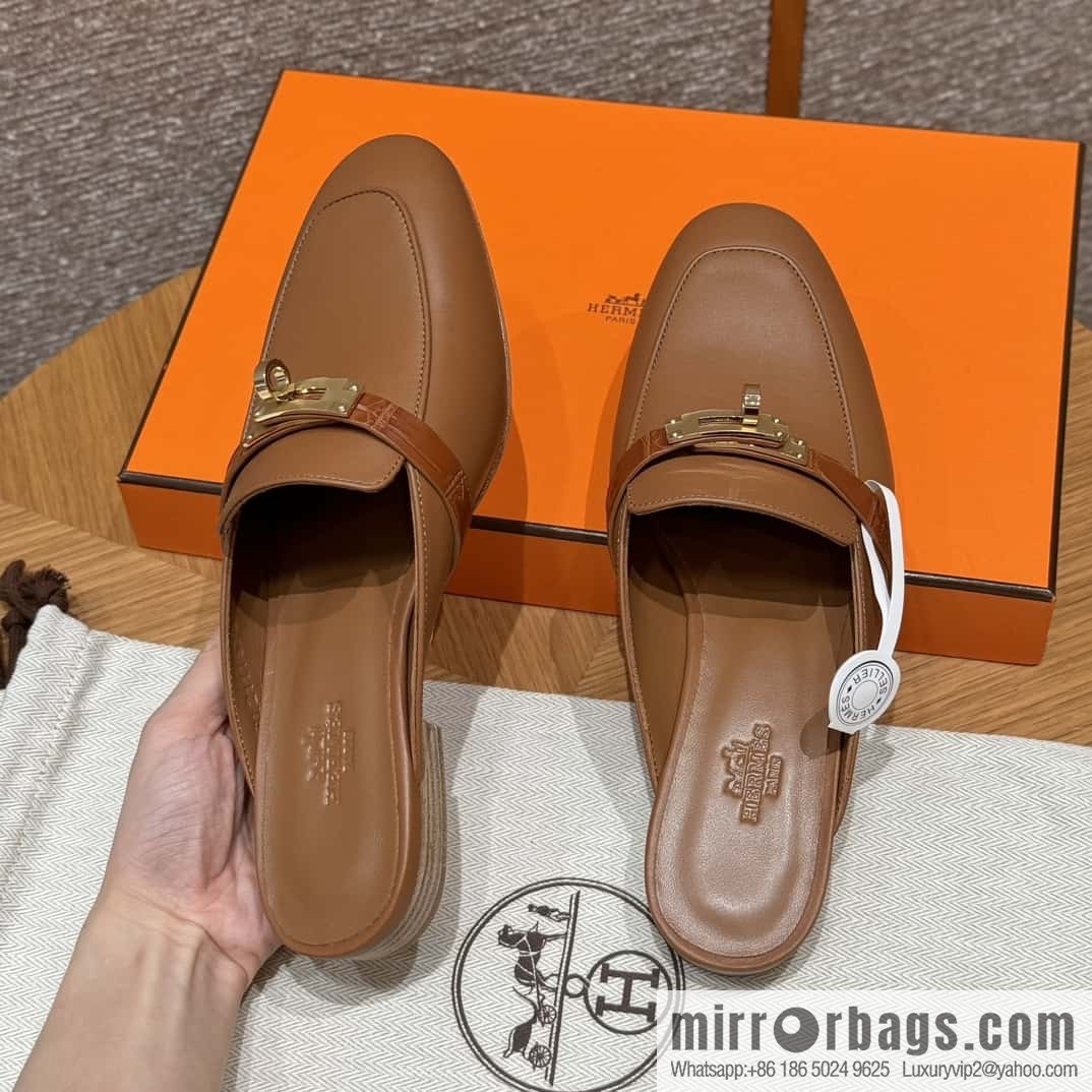 HERMES 188 OZ mules half trailers, golden brown/37/Gold goatskin with crocodile strap/goatskin/crocodile