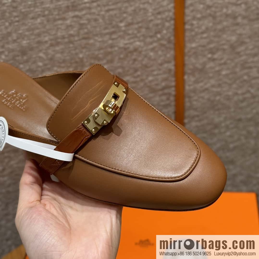 HERMES 188 OZ mules half trailers, golden brown/37/Gold goatskin with crocodile strap/goatskin/crocodile