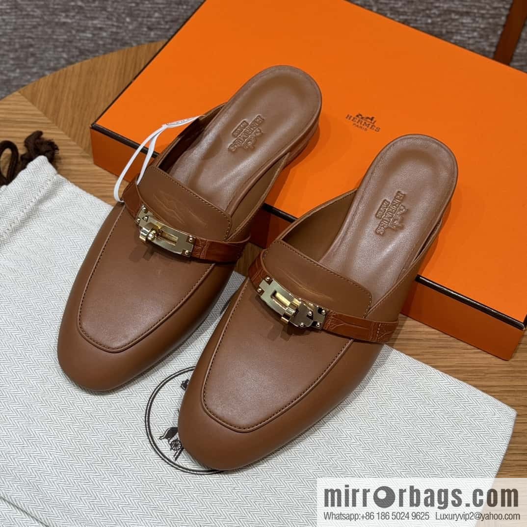 HERMES 188 OZ mules half trailers, golden brown/37/Gold goatskin with crocodile strap/goatskin/crocodile