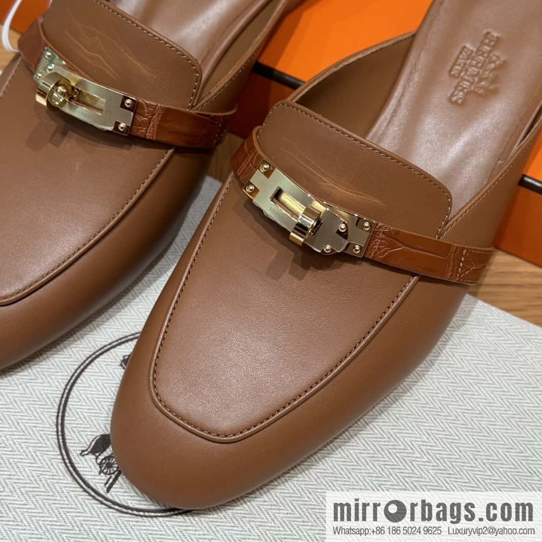 HERMES 188 OZ mules half trailers, golden brown/37/Gold goatskin with crocodile strap/goatskin/crocodile