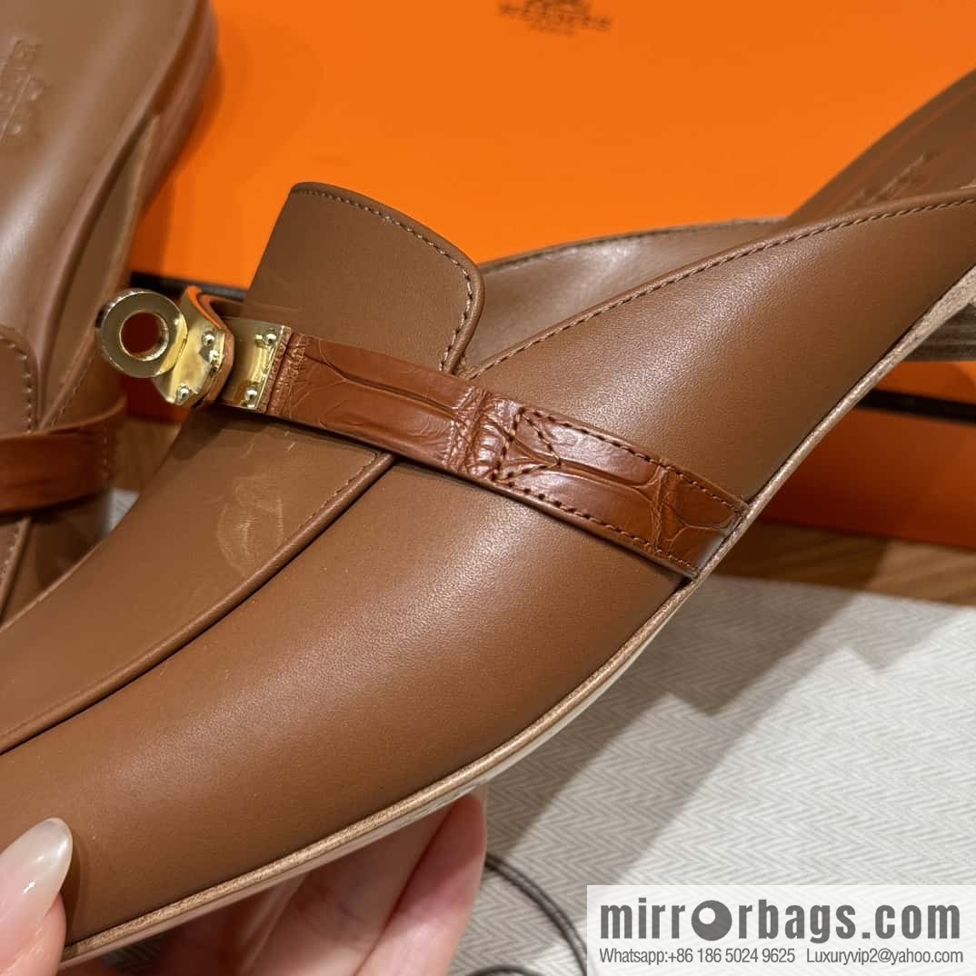 HERMES 188 OZ mules half trailers, golden brown/37/Gold goatskin with crocodile strap/goatskin/crocodile