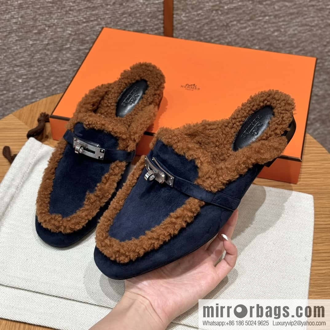 HERMES 188 Oz Mule, Navy/Marine/Gold/Gold Woolskin/Calfskin