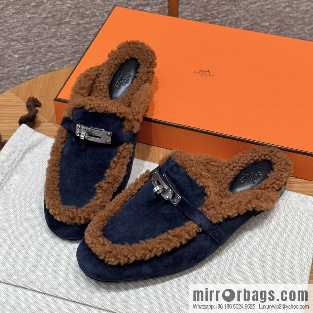 HERMES 188 Oz Mule, Navy/Marine/Gold/Gold Woolskin/Calfskin