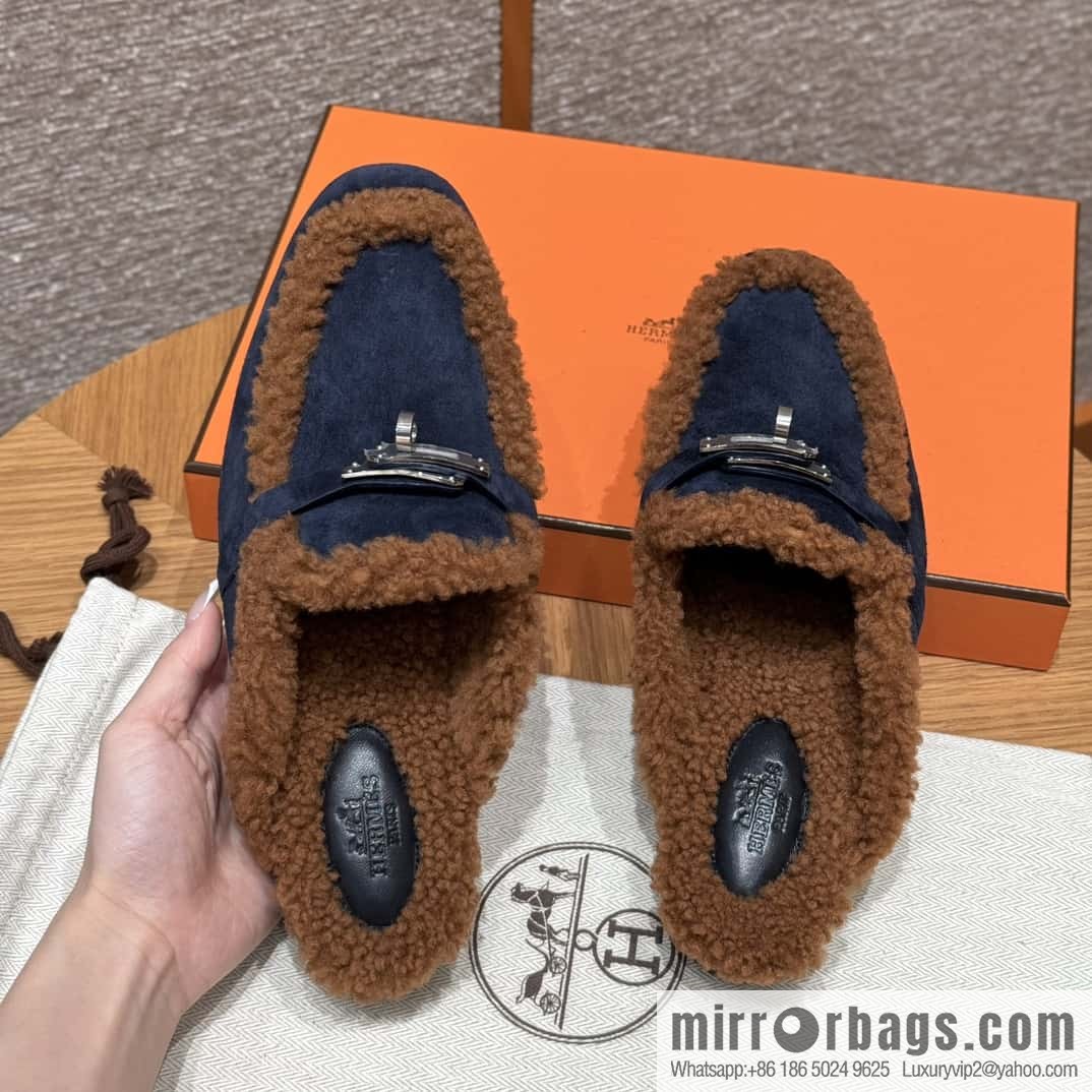 HERMES 188 Oz Mule, Navy/Marine/Gold/Gold Woolskin/Calfskin