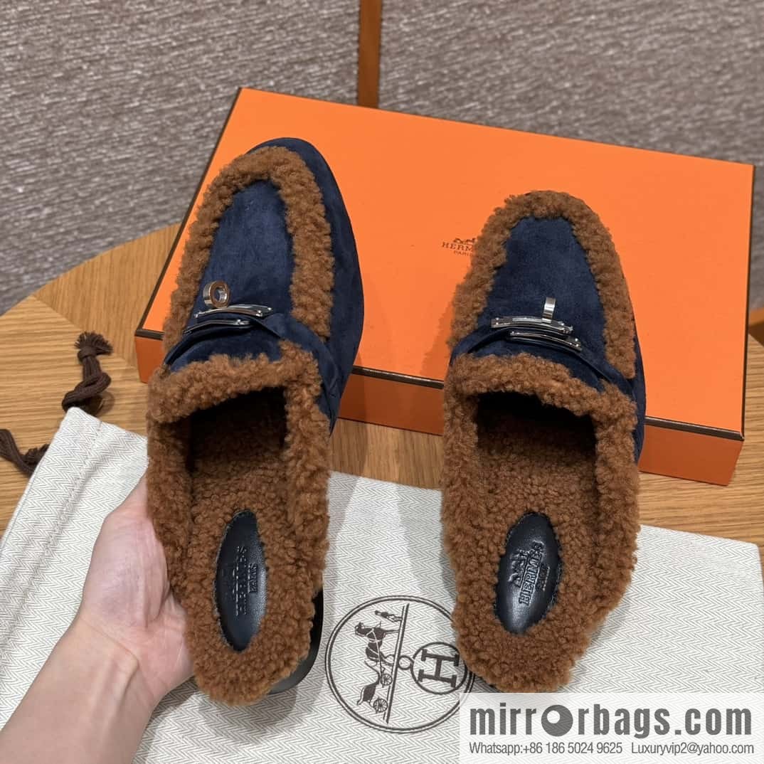 HERMES 188 Oz Mule, Navy/Marine/Gold/Gold Woolskin/Calfskin