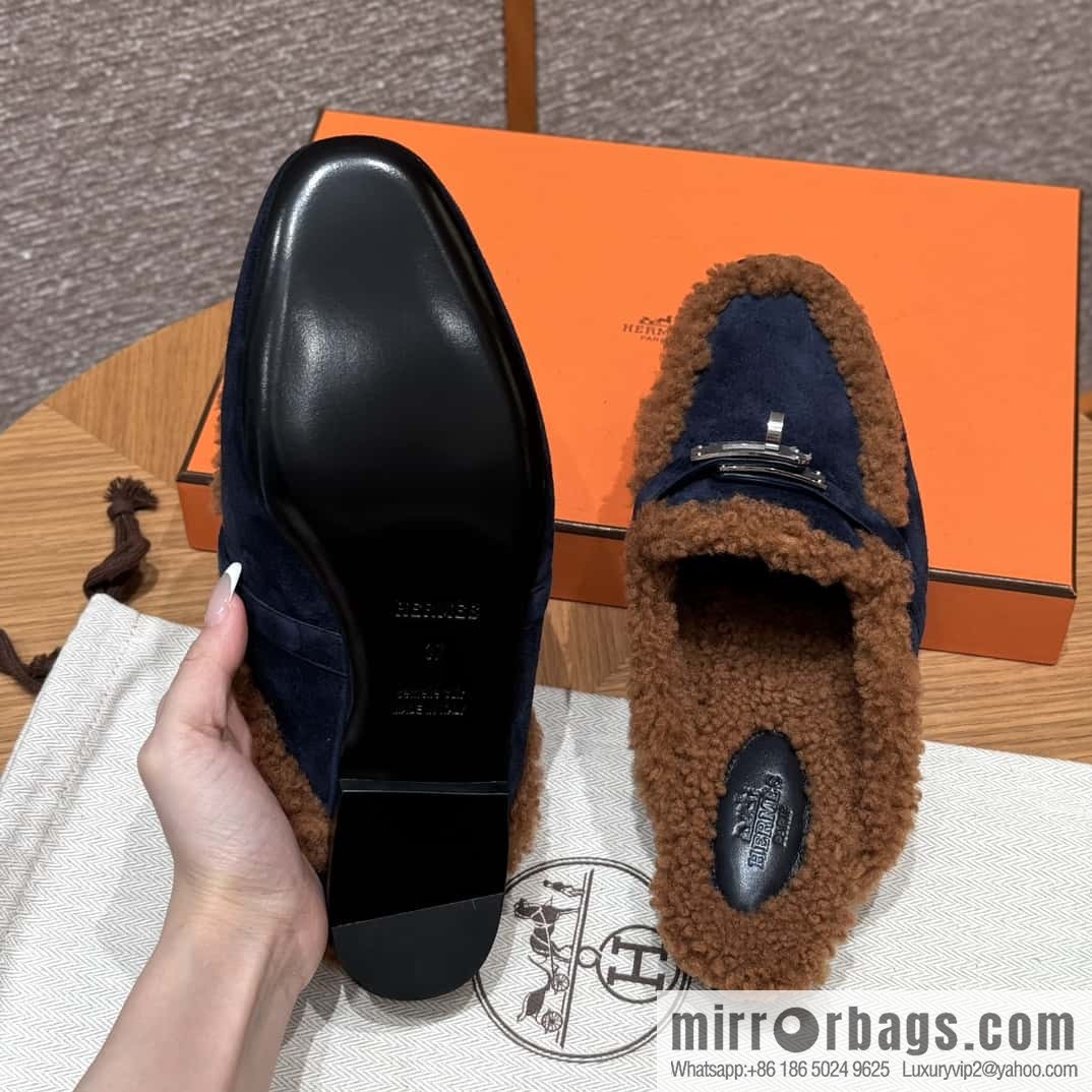 HERMES 188 Oz Mule, Navy/Marine/Gold/Gold Woolskin/Calfskin