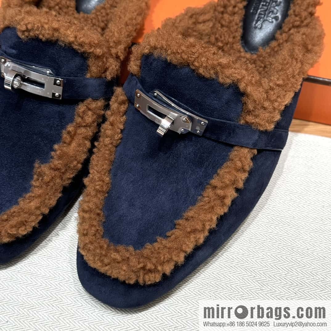 HERMES 188 Oz Mule, Navy/Marine/Gold/Gold Woolskin/Calfskin