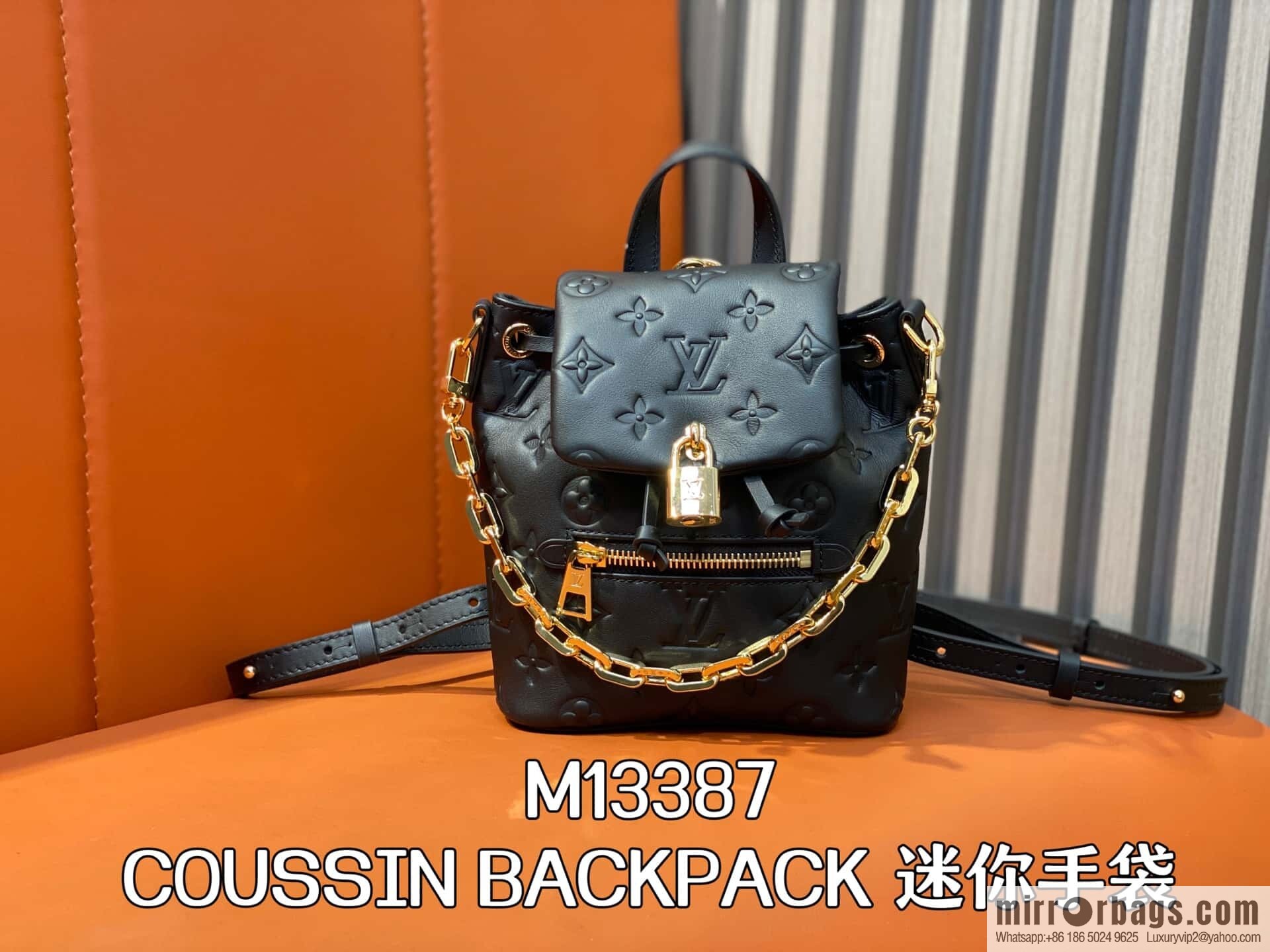 [Boutique‑grade] M13387 black, full leather embossed backpack COUSSIN BACKPACK mini handbag