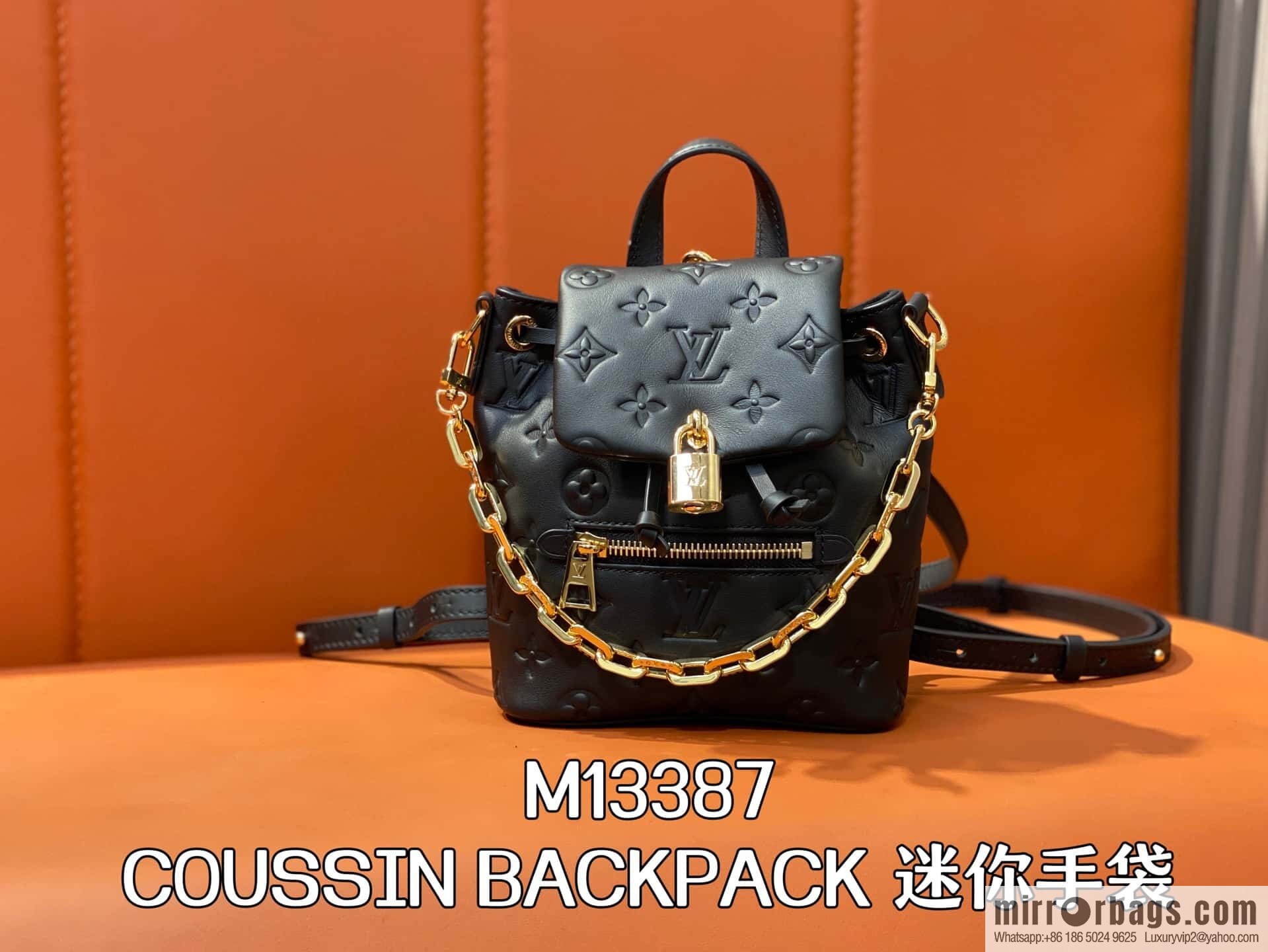 [Boutique‑grade] M13387 black, full leather embossed backpack COUSSIN BACKPACK mini handbag
