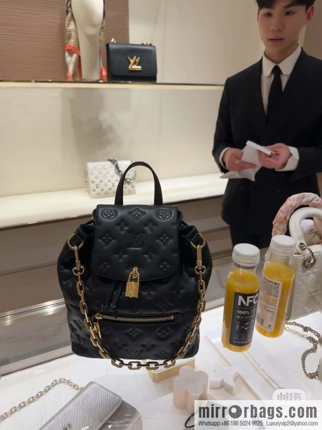 [Boutique‑grade] M13387 black, full leather embossed backpack COUSSIN BACKPACK mini handbag