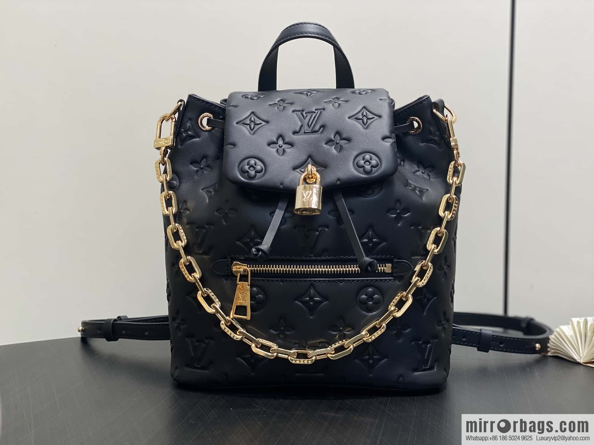 [Boutique‑grade] M13387 black, full leather embossed backpack COUSSIN BACKPACK mini handbag