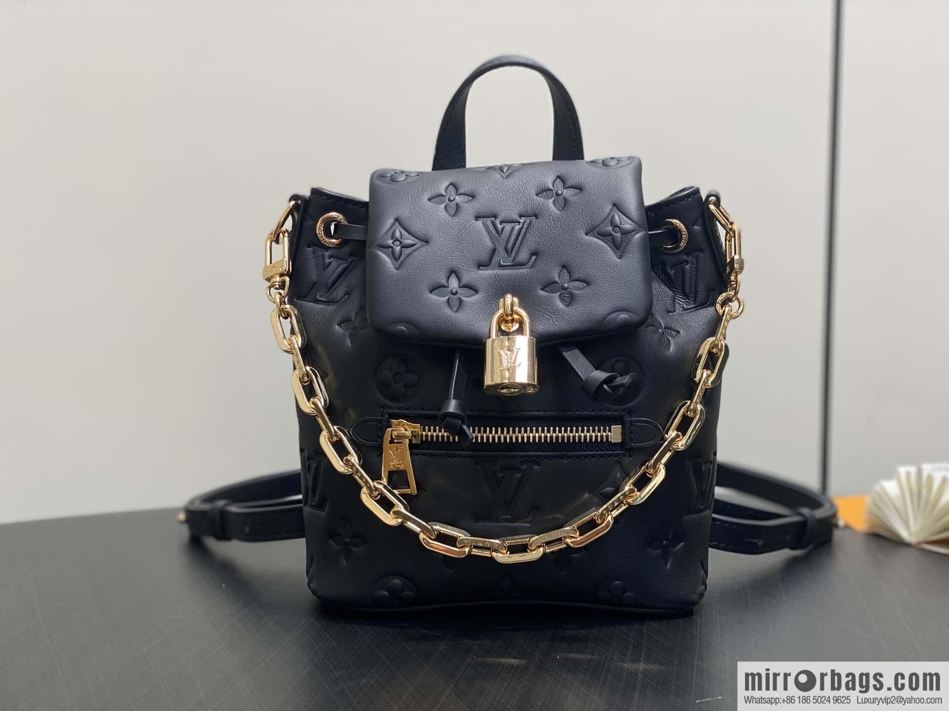 [Boutique‑grade] M13387 black, full leather embossed backpack COUSSIN BACKPACK mini handbag