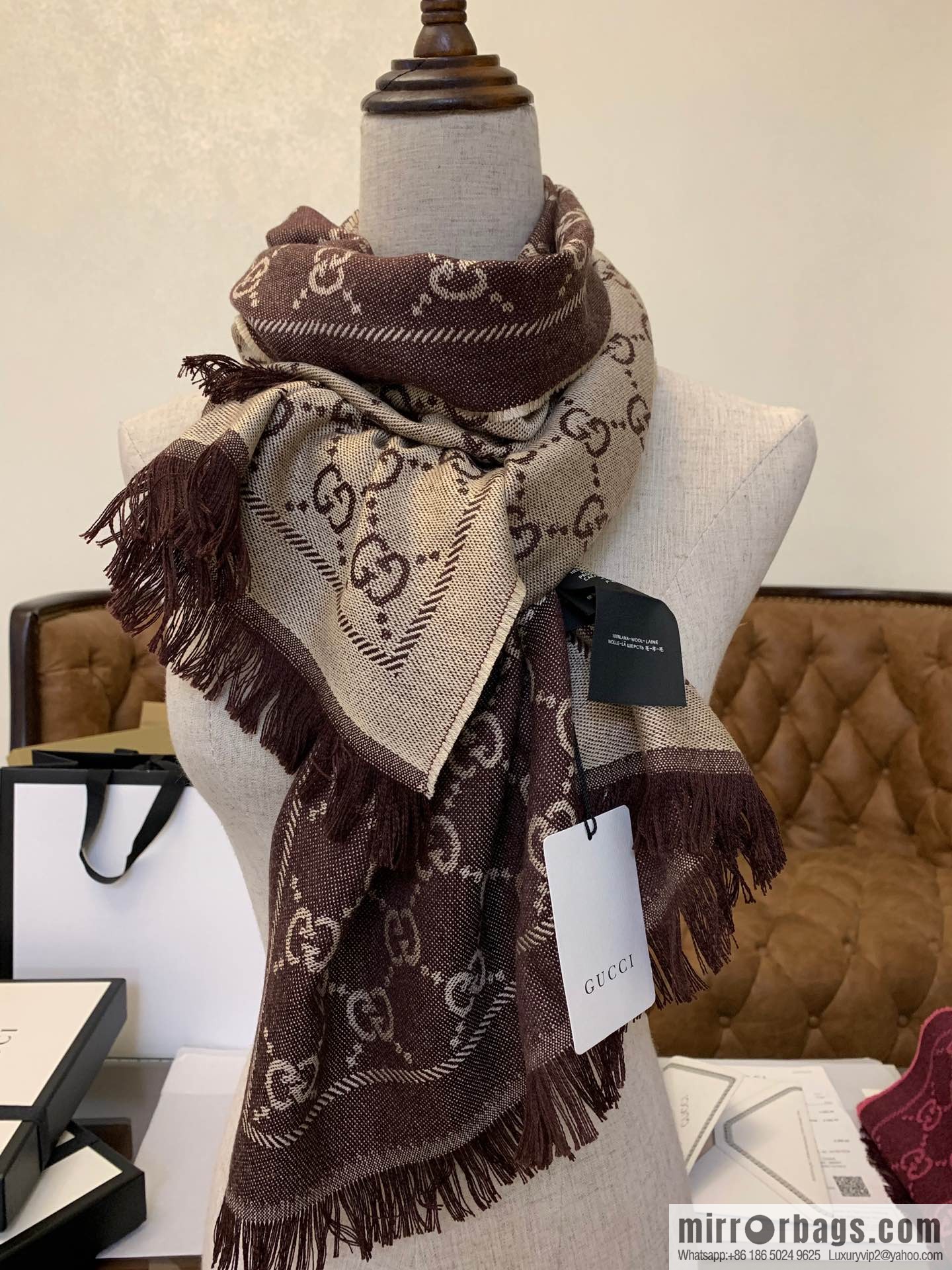 GUCCI Gucci GG jacquard fringed double-sided jacquard wool scarf