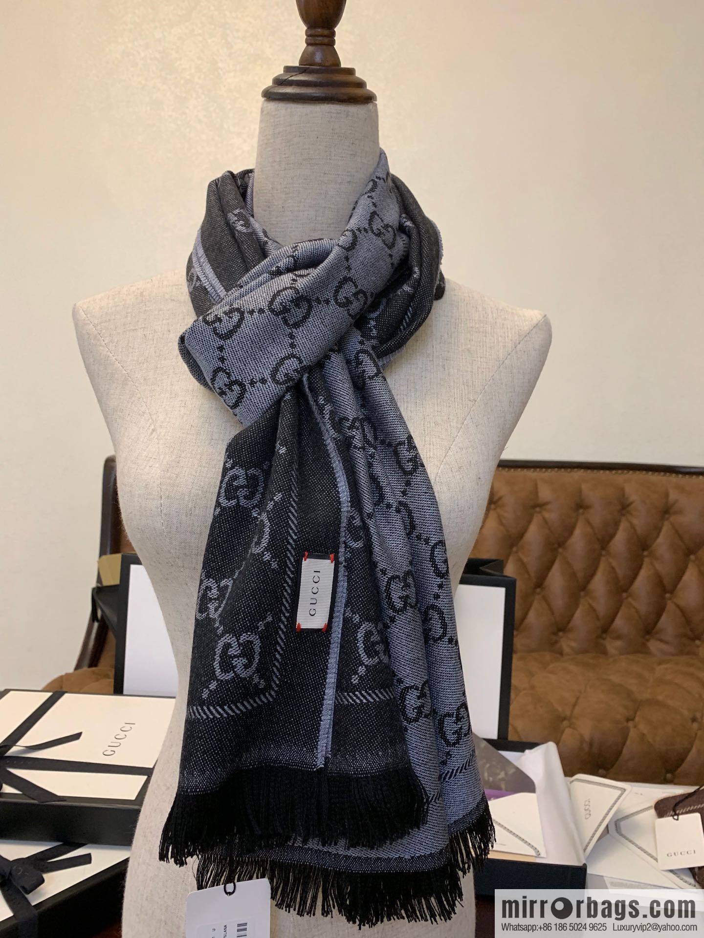 GUCCI Gucci GG jacquard fringed double-sided jacquard wool scarf