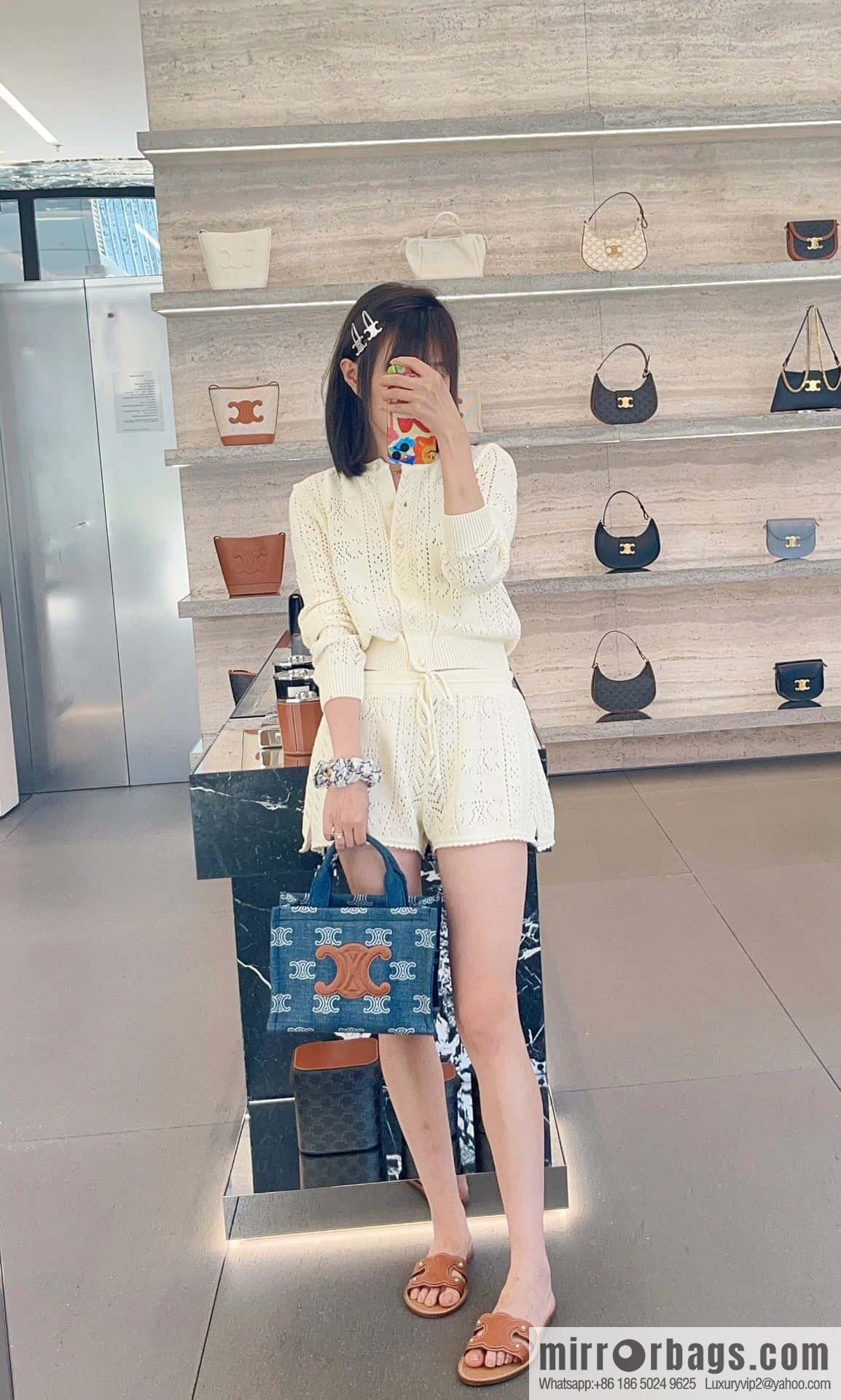 [Premium quality, original leather] CELIN-E 23s summer | CABAS THAIS denim embroidery fabric cow leather (fabric) handbag, model: 199162