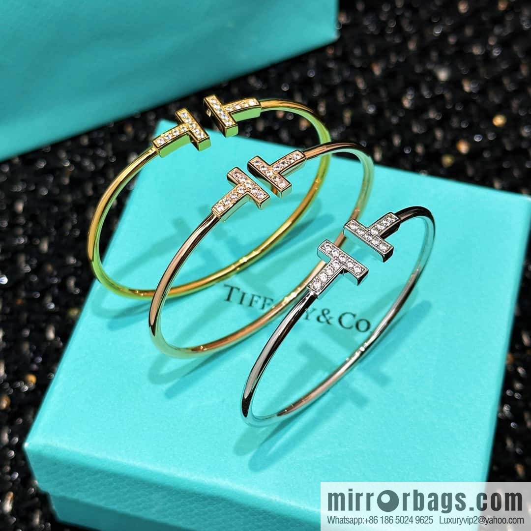 Tiffany & Co ☀️ with Diamonds, Classic T-Series, Double T-Bracelet in Silver Rose Gold with Diamonds ☀️
