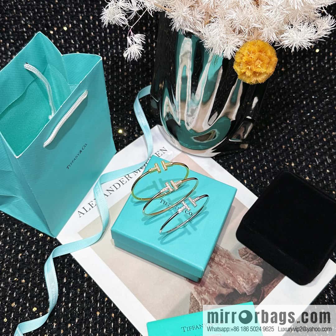Tiffany & Co ☀️ with Diamonds, Classic T-Series, Double T-Bracelet in Silver Rose Gold with Diamonds ☀️