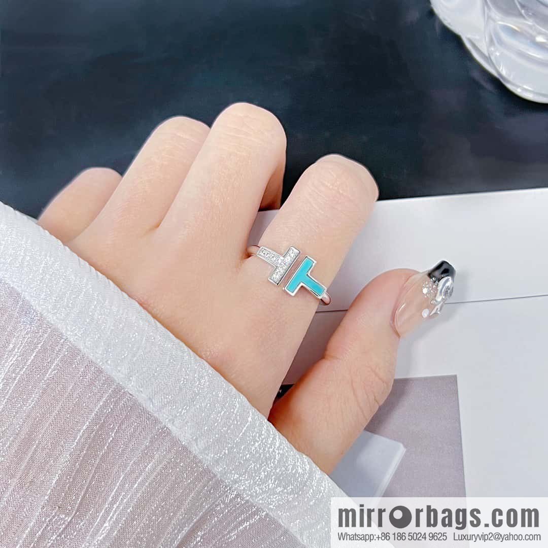 ☀️Tiffany & co Tiffany, Classic T-Series, Turquoise Silver Double T-Ring with Diamonds ☀️