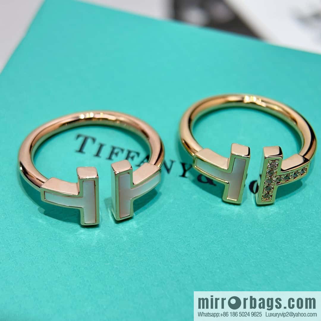 ☀️Tiffany & co Tiffany, classic T series, white shell belt diamond rose gold double T ring ☀️