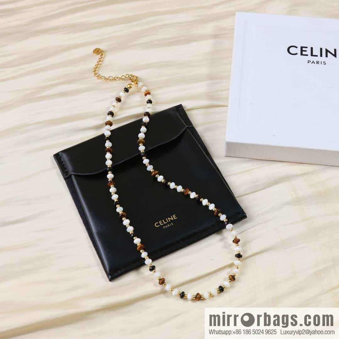 ☀️New ☑️ Celine natural tiger's eye stone white fritillary beaded necklace bracelet