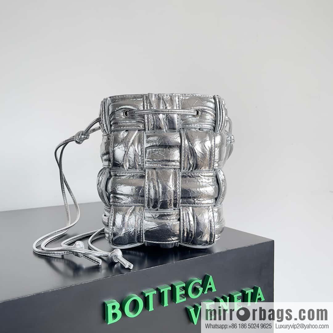BottegaVeneta Bv small bucket bag pleated leather woven bucket bag model number: 717187 silver