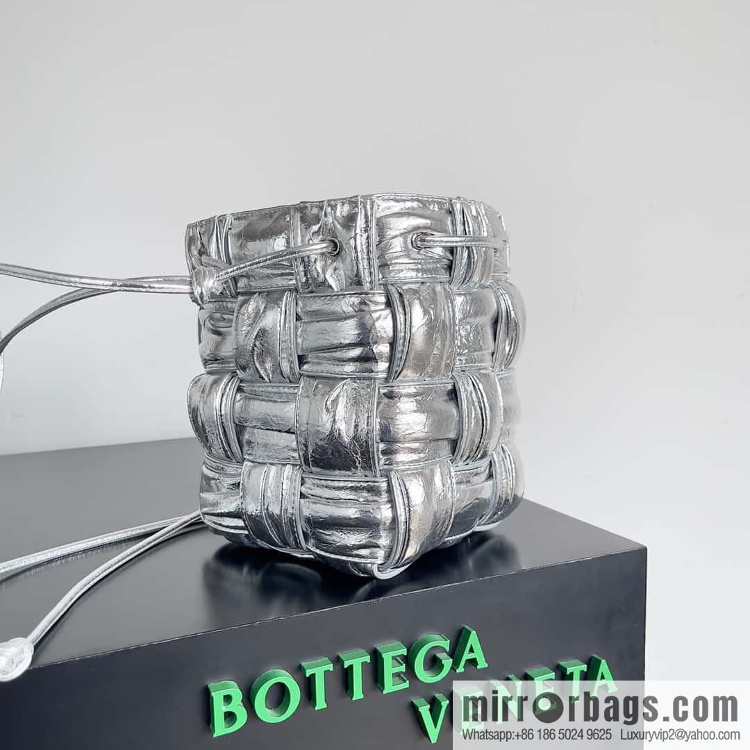 BottegaVeneta Bv small bucket bag pleated leather woven bucket bag model number: 717187 silver