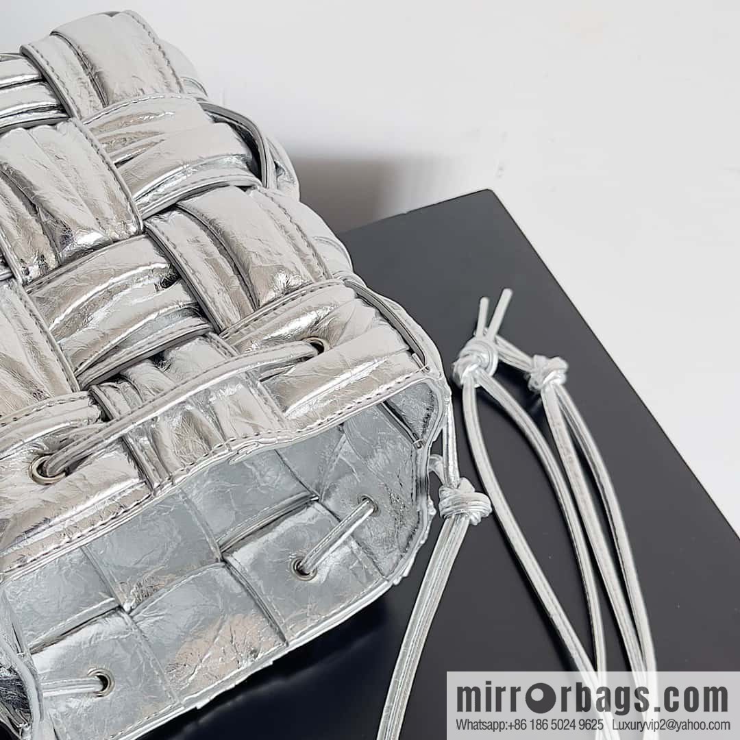 BottegaVeneta Bv small bucket bag pleated leather woven bucket bag model number: 717187 silver