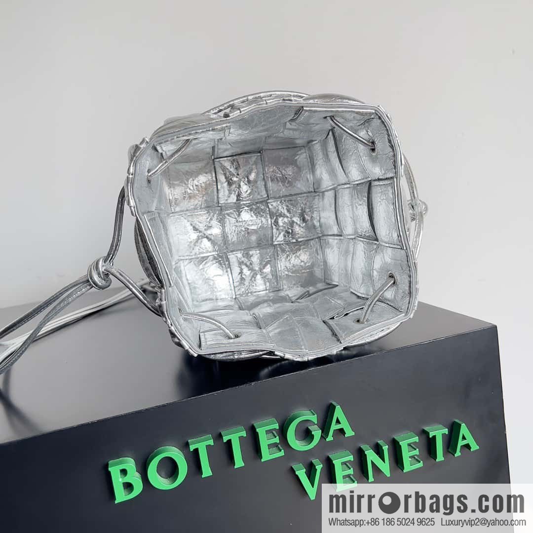 BottegaVeneta Bv small bucket bag pleated leather woven bucket bag model number: 717187 silver