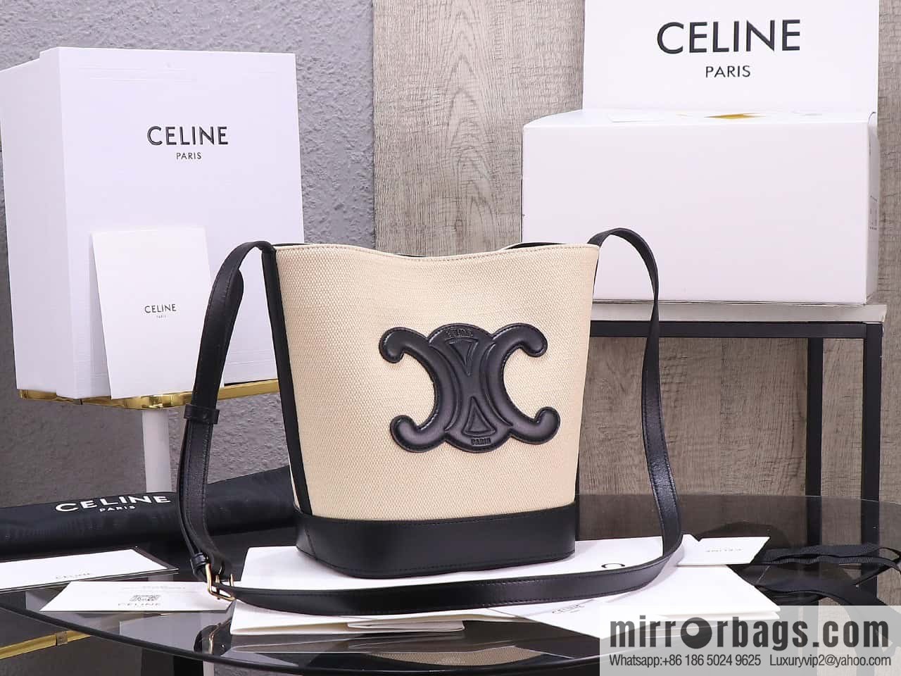 [Premium quality, all-steel hardware] 23s new product | CELINE CUIR TRIOMPHE small striped fabric leather bucket bag 23s new fabric series, number: 198243DU3.04LU