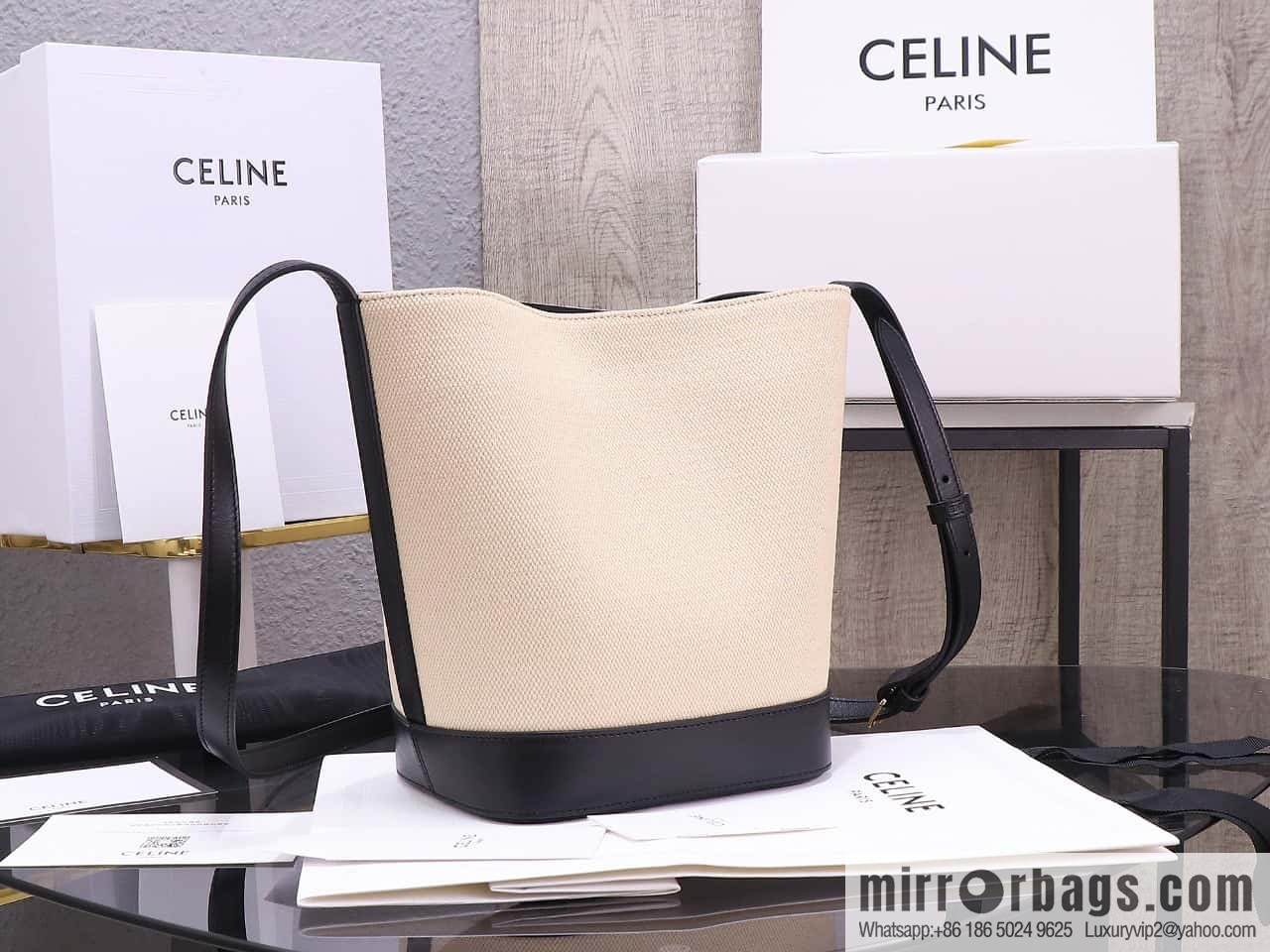 [Premium quality, all-steel hardware] 23s new product | CELINE CUIR TRIOMPHE small striped fabric leather bucket bag 23s new fabric series, number: 198243DU3.04LU