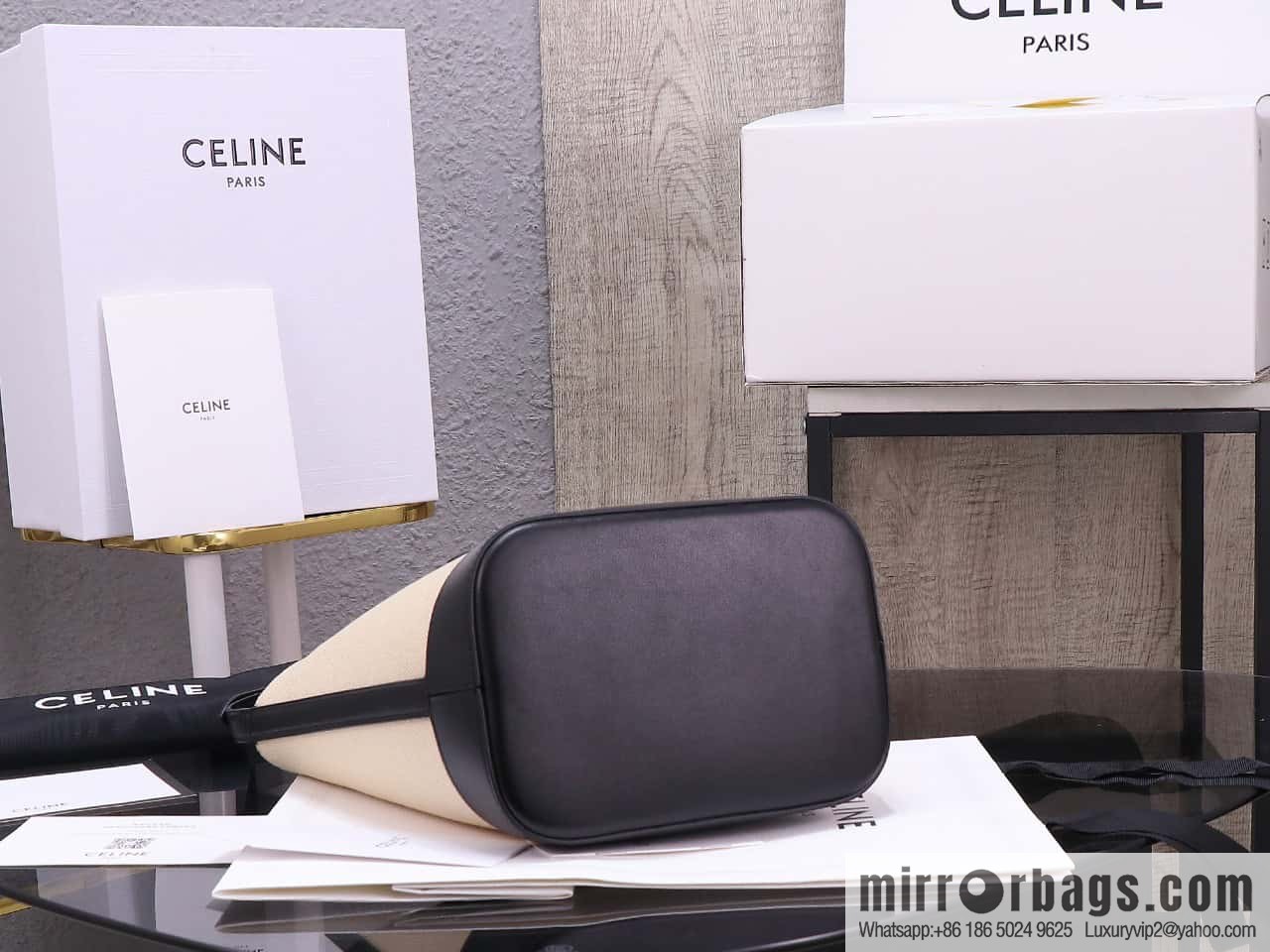 [Premium quality, all-steel hardware] 23s new product | CELINE CUIR TRIOMPHE small striped fabric leather bucket bag 23s new fabric series, number: 198243DU3.04LU