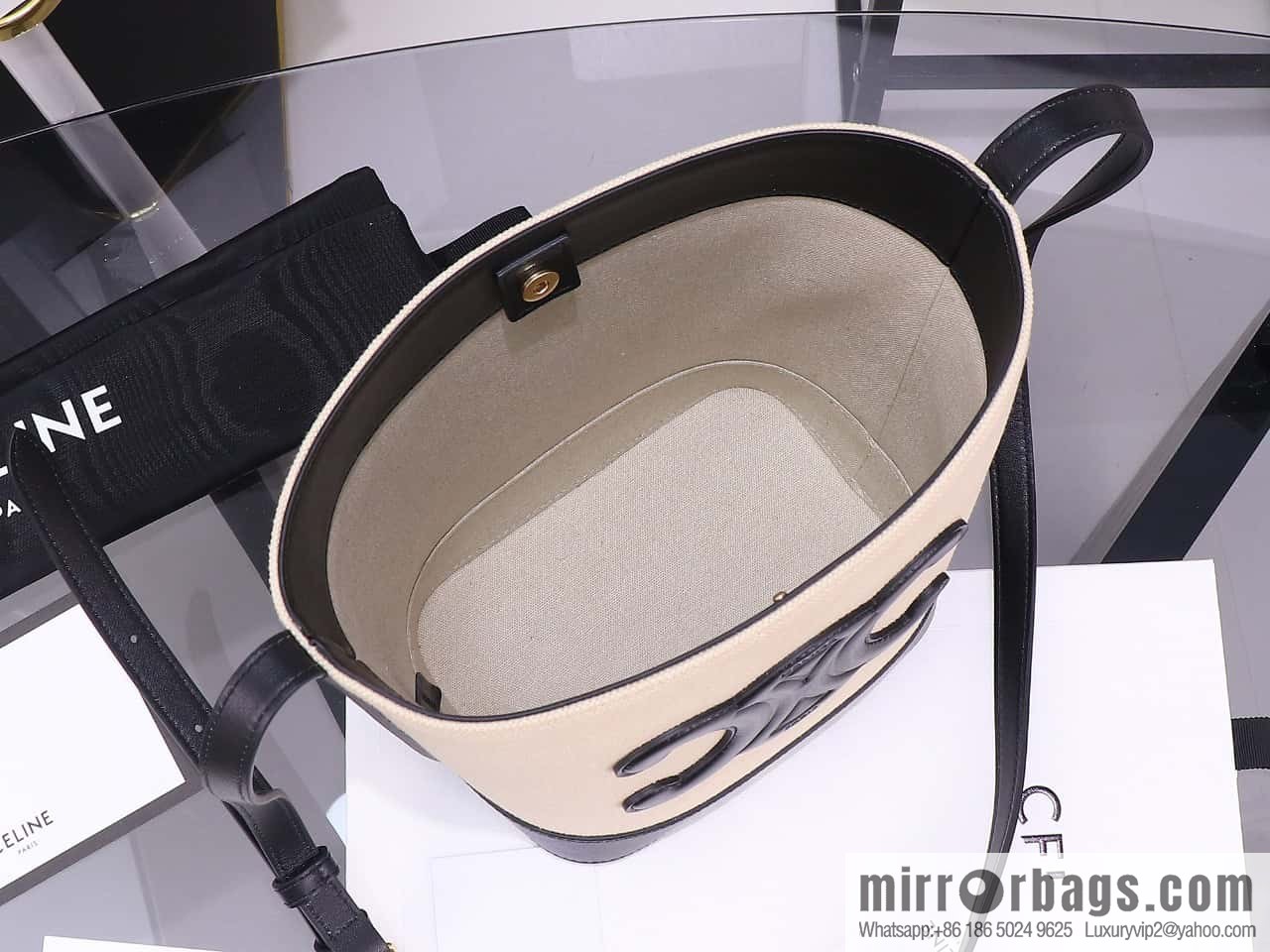 [Premium quality, all-steel hardware] 23s new product | CELINE CUIR TRIOMPHE small striped fabric leather bucket bag 23s new fabric series, number: 198243DU3.04LU