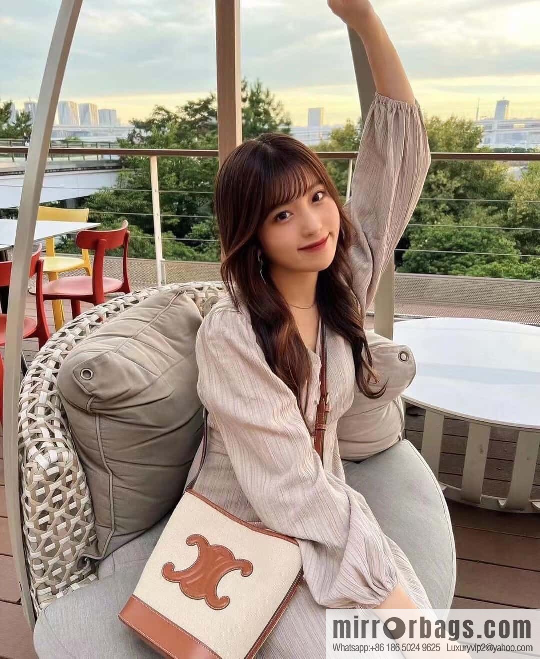 [Premium quality, all-steel hardware] 23s new product | CELINE CUIR TRIOMPHE small striped fabric leather bucket bag 23s new fabric series, number: 198243DU3.04LU