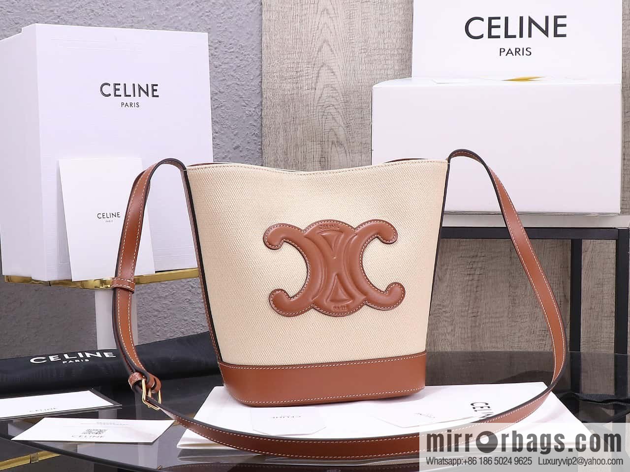 [Premium quality, all-steel hardware] 23s new product | CELINE CUIR TRIOMPHE small striped fabric leather bucket bag 23s new fabric series, number: 198243DU3.04LU